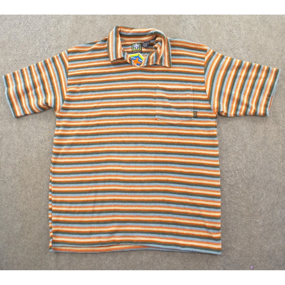 Reactor + Polo Shirt Mens Medium Blue Orange Beach French Terry Cloth New